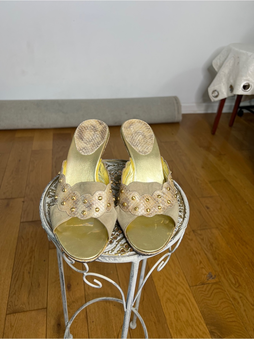 Cole Haan Gold Open-Toe Slide Mules with Stud Detail